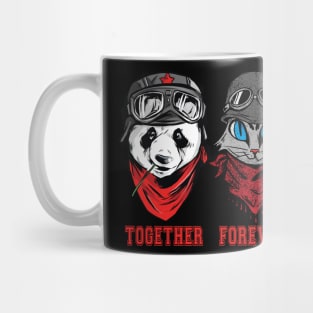 Cute Panda and cat couple in helmet and goggles Mug